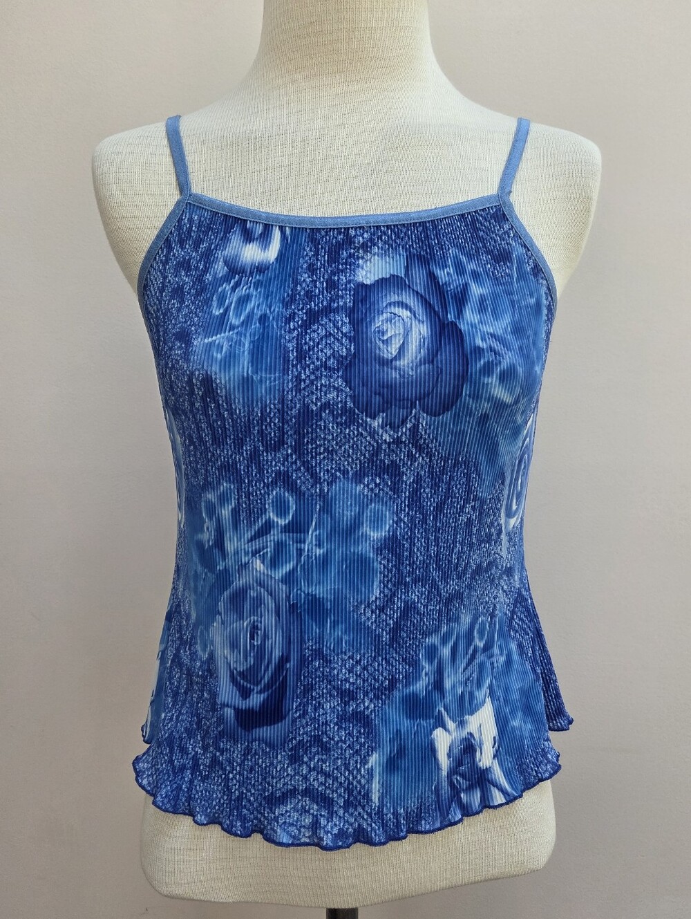 Vintage Y2K K World Blue Floral Accordion Pleat Camisole Tank Top, Size Large